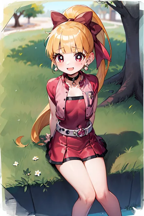 masterpiece,best quality,1girl,ppgzbs,blonde hair,red eyes,long hair,ponytail,hair bow,blunt bangs,earrings,black choker,pink vest,red skirt,belt,smile,confident,sitting,arms behind back,street,village,tree,<lora:PPGZ-Hyper_Blossom:1>,
