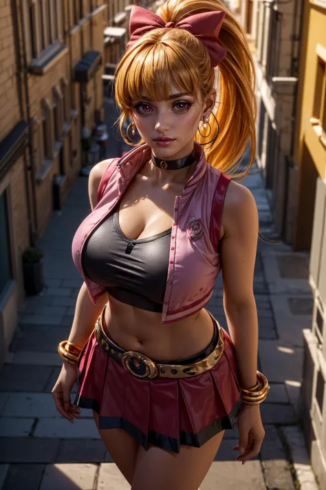 (ultra realistic,32k, masterpiece:1.2),(high detailed skin:1.1),( high quality:1.1),
<lora:PPGZ-Hyper_Blossom:0.8>ppgzbsb, londe hair, red eyes, long hair, ponytail, hair bow, blunt bangs, earrings, black choker, pink vest, red skirt, belt, cyberspace dive bar, hangouts, glitched simulations, encrypted chat rooms, shady deals,fighting stance, huge breast,large breast,<lora:add_detail:0.82>,
(golden hour:1.1),