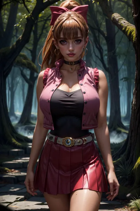 (ultra realistic,32k, masterpiece:1.2),(high detailed skin:1.1),( high quality:1.1),
<lora:PPGZ-Hyper_Blossom:0.8>ppgzbsb, londe hair, red eyes, long hair, ponytail, hair bow, blunt bangs, earrings, black choker, pink vest, red skirt, belt, mystic grove, ancient trees, bewitching mists, home to mythical creatures,(looking at viewer, standing:1.1),, huge breast,large breast,<lora:add_detail:0.86>,
(moody lighting:1.1),
