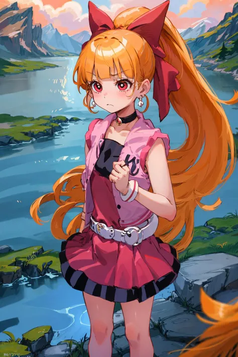 1girl, ppgzbs, standing, red eyes, long hair, ponytail, hair bow, blunt bangs, earrings, black choker, pink vest, red skirt, belt, standing, frown, night, mountain, river <lora:PPGZ-Hyper_Blossom:1>