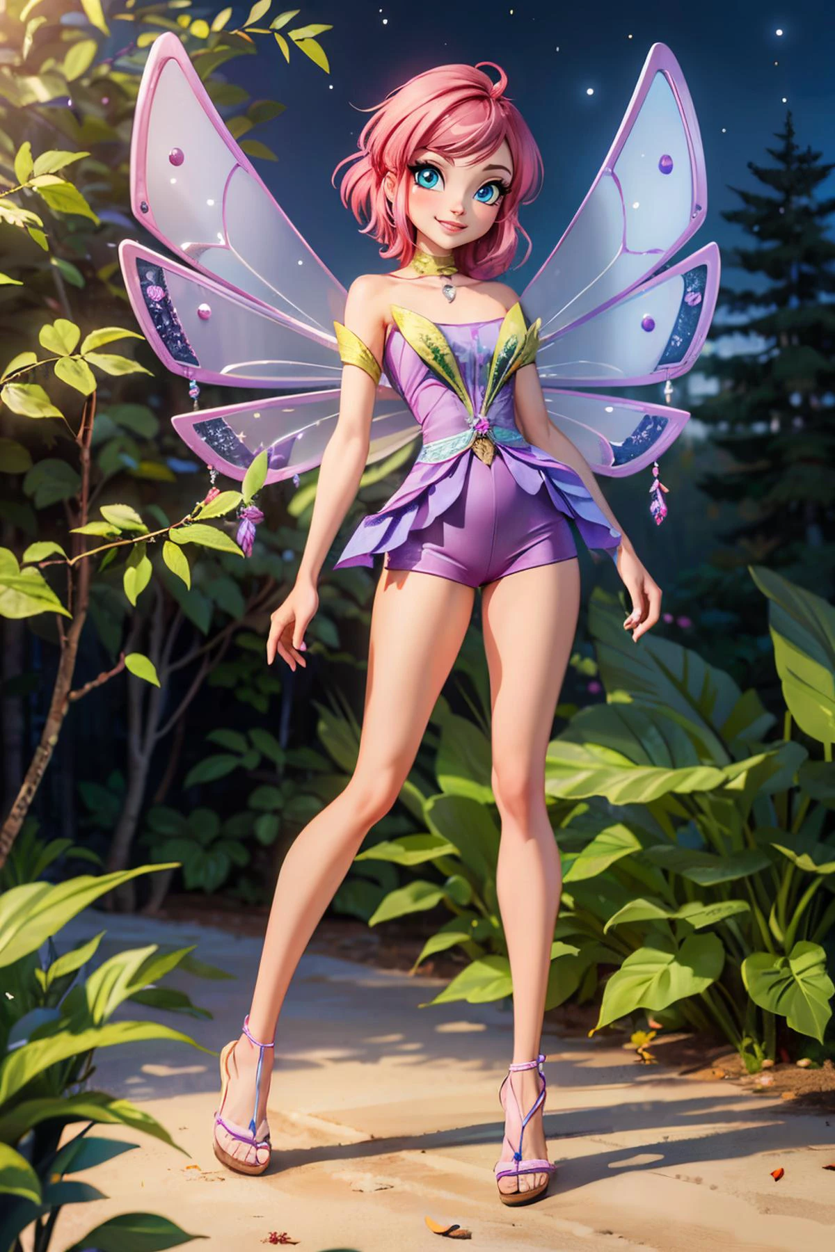 Tecna, short pink hair, blue eyes, fairy wings, purple outfit, sparkling clothing, sandals, looking at viewer, smiling, standing, full body shot, outside, forest, night time, high quality, masterpiece, <lora:WinxClubEnchantixTecna:.6>