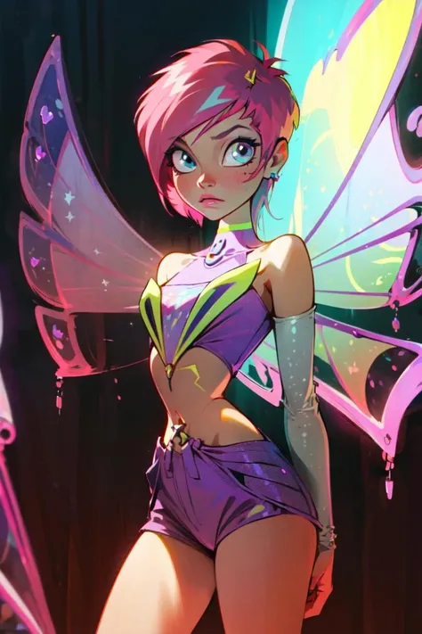 (Tecna:1.5), (fairy wings), pink hair, blue eyes, short hair, purple outfit, (realistic:1.2), (masterpiece:1.2), (full-body-shot:1),(Cowboy-shot:1.2), neon lighting, dark romantic lighting, (highly detailed:1.2),(detailed face:1.2), (gradients), colorful, detailed eyes, (natural lighting:1.2), solo <lora:WinxClubEnchantixTecna-10:0.9> <lora:add_detail:0.3> <lora:BeautifulEyes:0.6>