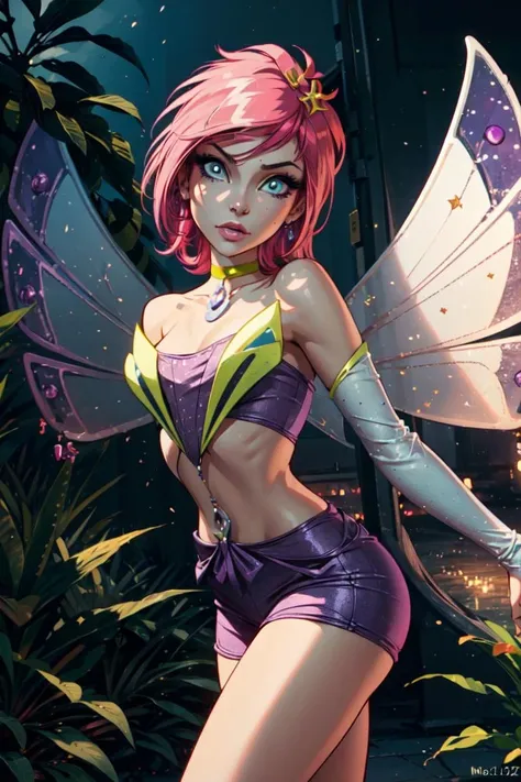 (Tecna:1.5), (fairy wings), pink hair, blue eyes, short hair, purple outfit, (realistic:1.2), (masterpiece:1.2), (full-body-shot:1),(Cowboy-shot:1.2), neon lighting, dark romantic lighting, (highly detailed:1.2),(detailed face:1.2), (gradients), colorful, detailed eyes, (natural lighting:1.2), solo <lora:WinxClubEnchantixTecna-10:0.9> <lora:add_detail:0.3> <lora:BeautifulEyes:0.6>