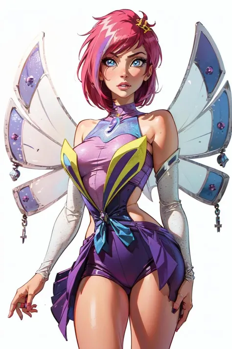 (Tecna:1.5), (fairy wings), pink hair, blue eyes, short hair, purple outfit, (solid white background, white background:1.5), (realistic:1.2), (masterpiece:1.2), (full-body-shot:1),(Cowboy-shot:1.2), neon lighting, dark romantic lighting, (highly detailed:1.2),(detailed face:1.2), (gradients), colorful, detailed eyes, (natural lighting:1.2), solo <lora:WinxClubEnchantixTecna-10:0.9> <lora:add_detail:0.3> <lora:BeautifulEyes:0.6>