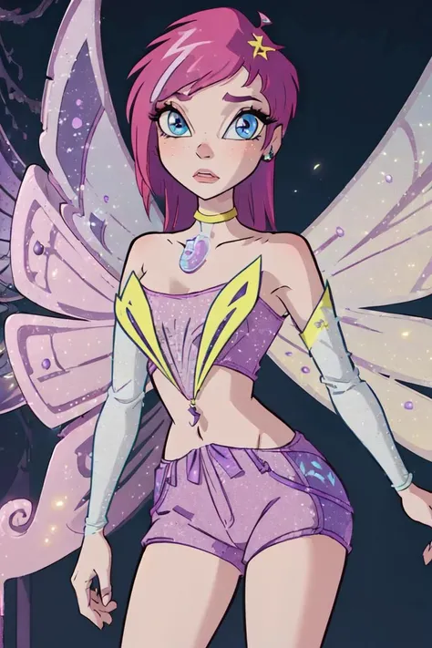(Tecna:1.5), (fairy wings), pink hair, blue eyes, short hair, purple outfit, (realistic:1.2), (masterpiece:1.2), (full-body-shot:1),(Cowboy-shot:1.2), neon lighting, dark romantic lighting, (highly detailed:1.2),(detailed face:1.2), (gradients), colorful, detailed eyes, (natural lighting:1.2), solo <lora:WinxClubEnchantixTecna-10:0.9> <lora:add_detail:0.3> <lora:BeautifulEyes:0.6>