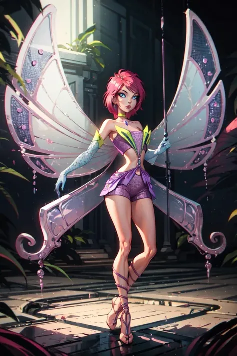 (Tecna:1.5), (fairy wings), pink hair, blue eyes, short hair, purple outfit, (realistic:1.2), (masterpiece:1.2), (full-body-shot:1),(Cowboy-shot:1.2), neon lighting, dark romantic lighting, (highly detailed:1.2),(detailed face:1.2), (gradients), colorful, detailed eyes, (natural lighting:1.2), solo <lora:WinxClubEnchantixTecna-10:0.9> <lora:add_detail:0.3> <lora:BeautifulEyes:0.6>