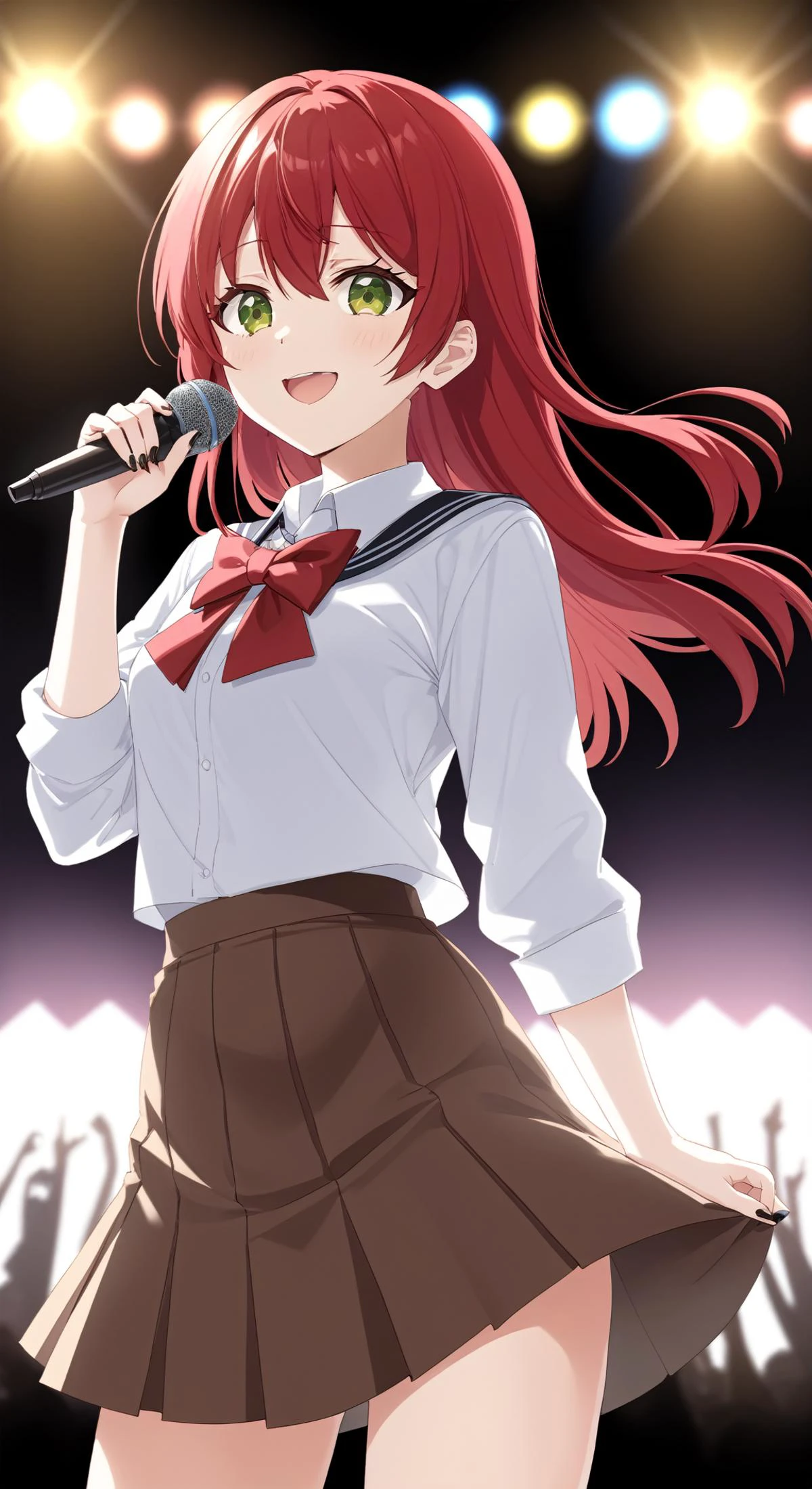 1girl,(masterpiece,best quality,extremely detailed CG unity 8k wallpaper),solo,<lora:xiduo:0.6>,1girl,solo,red_hair,white_background,shirt,long_hair,green_eyes,one_side_up,bangs,hair_between_eyes,yellow_eyes,black nails,concert stage,red stage lights,holding microphone,open mouth,brown serafuku,red bowtie,brown skirt,from below,sweat,smile,LIVE,cowboy shot,Illustration,bocchi the rock!,blurry background,