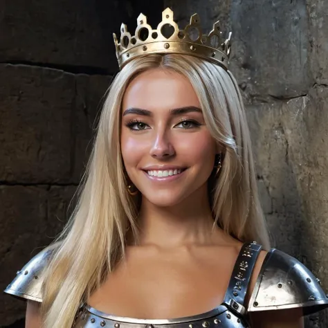 concept art close-up photo of m4d1s0n a woman, smiling, blonde hair, at a dungeon, dressed as a queen, looking at viewer, <lora:mads:.9> . digital artwork, illustrative, painterly, matte painting, highly detailed