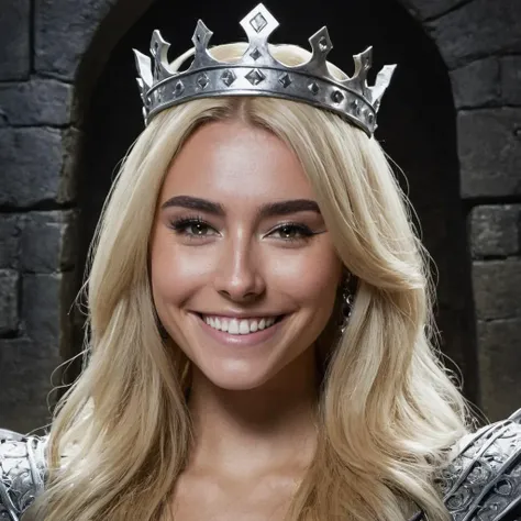 concept art close-up photo of m4d1s0n a woman, smiling, blonde hair, at a dungeon, dressed as a queen, looking at viewer, <lora:Madison_Beer_SDXL_2018-2020:.9> . digital artwork, illustrative, painterly, matte painting, highly detailed