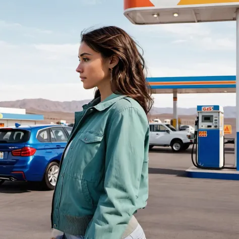 concept art close-up photo of m4d1s0n a woman, at a gas station, casual outfit, side profile, <lora:mads:.9> . digital artwork, illustrative, painterly, matte painting, highly detailed