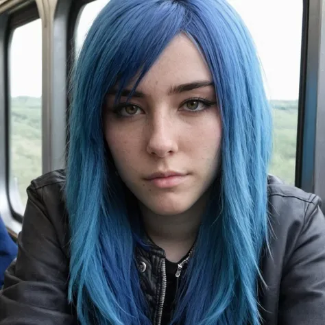 Hyperrealistic art close-up photo of m4d1s0n a woman, blue hair, emo, on a train, looking at viewer, emo outfit,  <lora:Madison_Beer_SDXL_2018-2020:.9> . Extremely high-resolution details, photographic, realism pushed to extreme, fine texture, incredibly lifelike