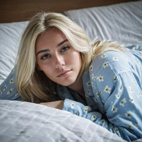 concept art photo of m4d1s0n a woman, face focus, blonde hair, laying down on a bed, wearing pajamas with open holes for visible breasts and vagina, at a bedroom, looking at viewer, . digital artwork, illustrative, painterly, matte painting, highly detailed