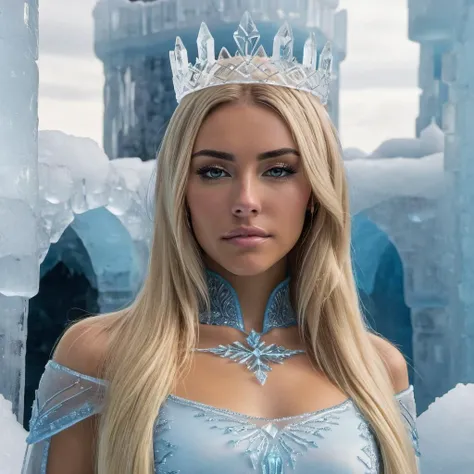 (Best quality,4K,a high resolution,masterpiece:1.2),ultra detailed,realistic ,portrait,colorful,studio lighting,ice plate armor,blonde hair,Blue eyes,beautiful detailed face,sparkling ice castle,Icy landscape,Shiny snow,royal pose,winter magic, elegant dress, Throne room, Majestic atmosphere, Magical powers, snowflake patterns, mystical aura, regal and graceful, enchanting beauty, frosty breath, Icy blue color palette, halo of light