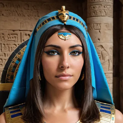 Hyperrealistic art close-up photo of m4d1s0n a woman, face focus, looking at viewer, as cleopatra, on a throne, egypt, <lora:mads:.9> . Extremely high-resolution details, photographic, realism pushed to extreme, fine texture, incredibly lifelike