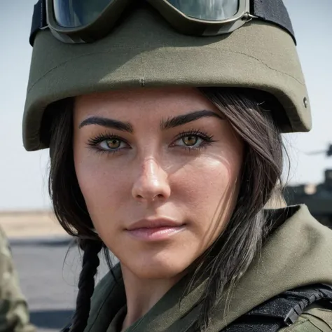 Hyperrealistic art close-up photo of m4d1s0n a woman, wearing a military outfit, looking at viewer, at a military base,  <lora:mads:.9> . Extremely high-resolution details, photographic, realism pushed to extreme, fine texture, incredibly lifelike