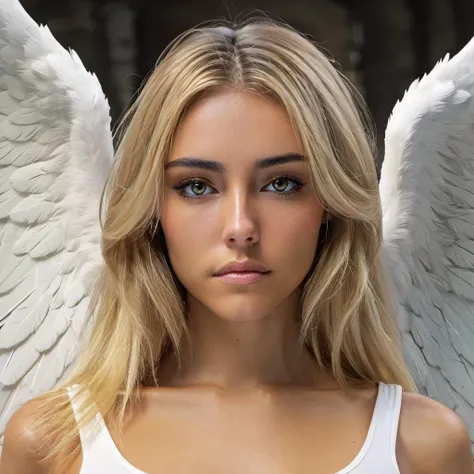concept art close-up photo of m4d1s0n a woman, blonde hair, an angel, heavenly, solo, looking directly at viewer, frontview, <lora:mads:.9> . digital artwork, illustrative, painterly, matte painting, highly detailed