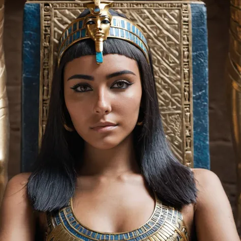 Hyperrealistic art close-up photo of m4d1s0n a woman, face focus, looking at viewer, as cleopatra, on a throne, egypt,  <lora:Madison_Beer_SDXL_2018-2020:.9> . Extremely high-resolution details, photographic, realism pushed to extreme, fine texture, incredibly lifelike