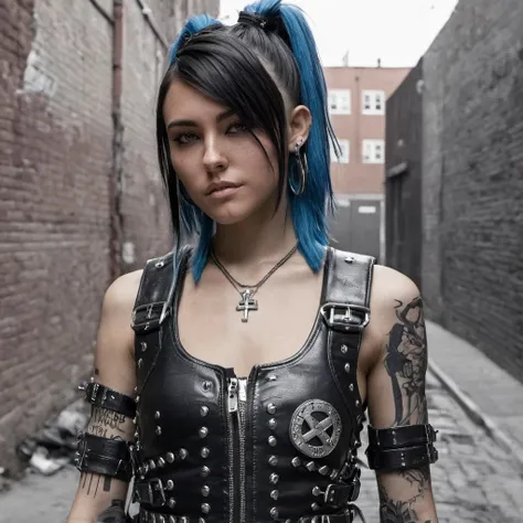 Hyperrealistic art close-up photo of m4d1s0n a woman, wearing a punk outfit, at an alley, bad girl vibes,  <lora:Madison_Beer_SDXL_2018-2020:.9> . Extremely high-resolution details, photographic, realism pushed to extreme, fine texture, incredibly lifelike