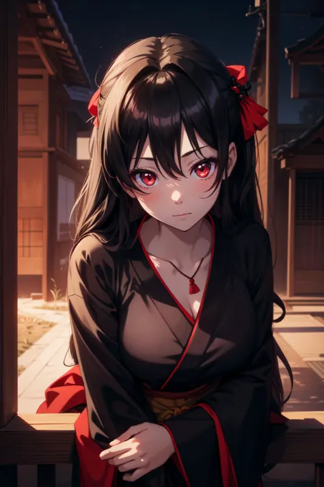 a woman in a kimono is staring at the camera with a red eye on her face and a red ribbon around her hair, Ai-Mitsu, anime art, a character portrait, sots art