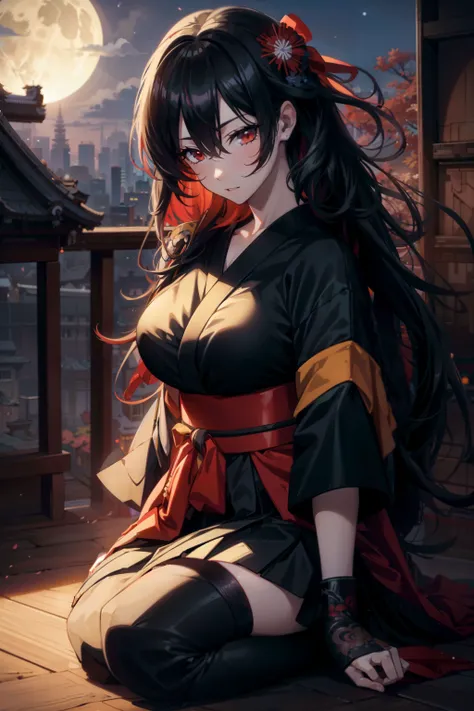 1girl, architecture, bangs, black_hair, black_kimono, breasts, east_asian_architecture, flower, full_moon, hair_between_eyes, hair_flower, hair_ornament, japanese_clothes, kimono, long_hair, looking_at_viewer, moon, moonlight, multicolored_hair, night, night_sky, obi, red_eyes, red_hair, sash, sitting, sky, solo, thighhighs