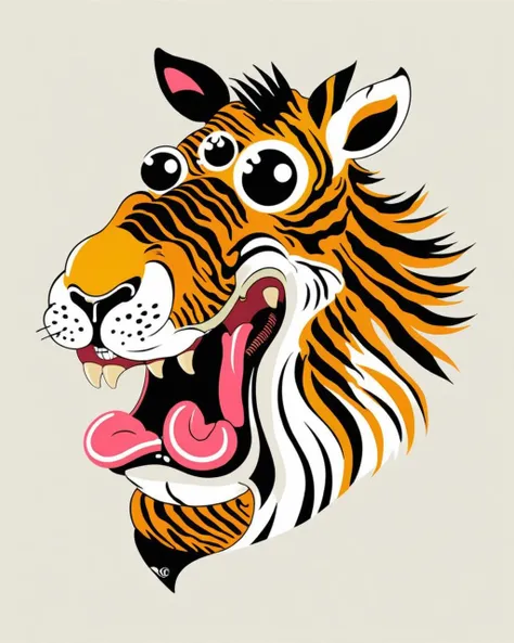 an illustration of a Zebra ,solo, open_mouth, simple_background, tongue, signature, tongue_out, no_humans, fangs, chinese_zodiac, animal_focus, year_of_the_tiger<lora:Illustration_Insanity:1.0>