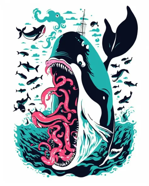 an illustration of a Whale ,open_mouth, simple_background, white_background, teeth, tongue, tongue_out, no_humans, saliva, scar, sharp_teeth, tentacles, scar_on_face, spikes, veins, monster, eyeball, extra_eyes<lora:Illustration_Insanity:1.0>