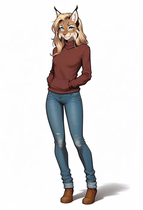 digital_media_(artwork) hi_res, score_9, score_8_up, score_7_up, score_6_up, score_5_up, score_4_up, rating_safe, beautiful, anthro, furry, female, detailed textured fur, fur tufts, fluffy, slim, slender, small breasts, cute, sweater, denim jeans, beautiful blue eyes, smile, solo, SFW, long blonde hair, lynx, multicolored hair, streaked hair, operaomniastyle, full body, white background,