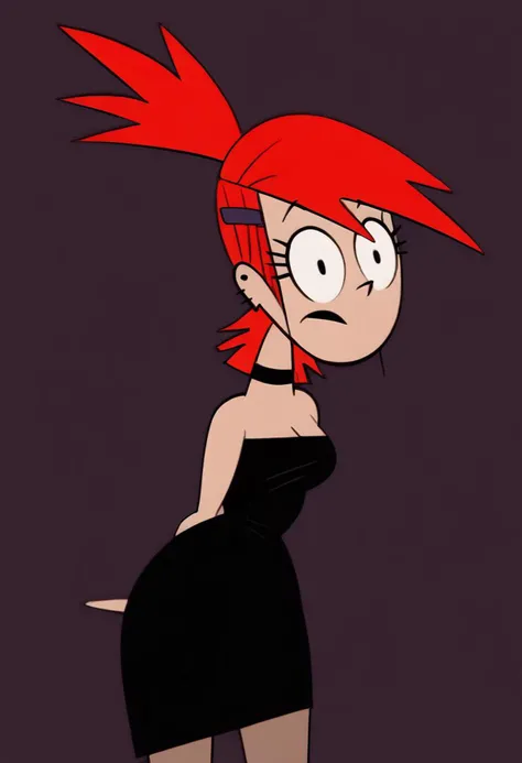 score_9, score_7_up <lora:mrpotatoparty-guy-PONY-DORAv1:1>, 1girl, solo, <lora:frankiefoster-guy-PONYv1:0.9> frankiefoster, red hair, ponytail, hairclip, earrings, black choker, black dress, wide hips, thick thighs, cleavage, bare shoulders, looking at viewer
