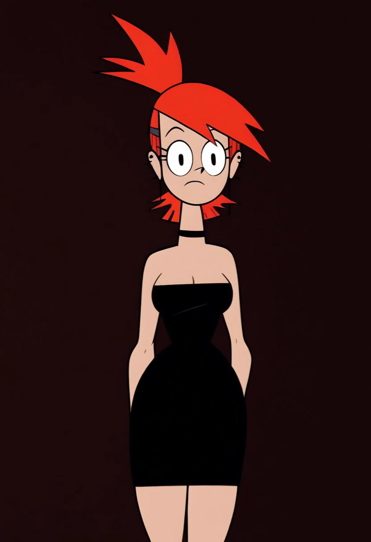 score_9, score_7_up <lora:mrpotatoparty-guy-PONY-DORAv1:1>, 1girl, solo, <lora:frankiefoster-guy-PONYv1:0.9> frankiefoster, red hair, ponytail, hairclip, earrings, black choker, black dress, wide hips, thick thighs, cleavage, bare shoulders, looking at viewer