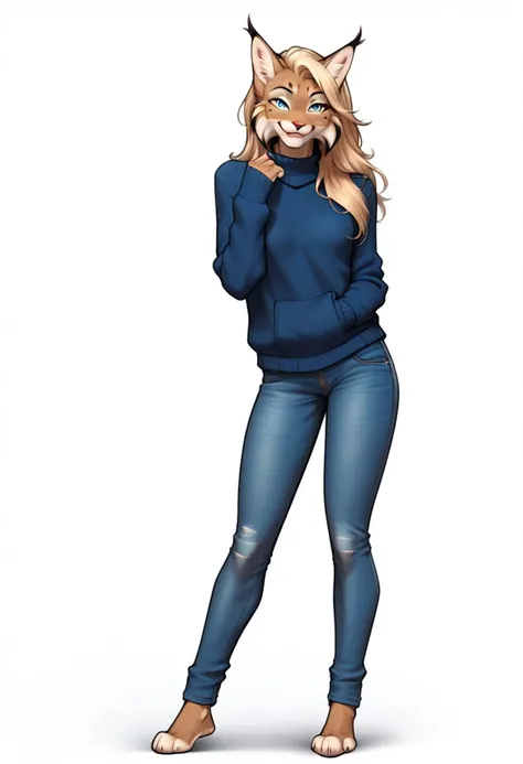digital_media_(artwork) hi_res, score_9, score_8_up, score_7_up, score_6_up, score_5_up, score_4_up, rating_safe, beautiful, anthro, furry, female, detailed textured fur, fur tufts, fluffy, slim, slender, small breasts, cute, sweater, denim jeans, beautiful blue eyes, smile, solo, SFW, long blonde hair, lynx, multicolored hair, streaked hair, operaomniastyle, full body, white background,