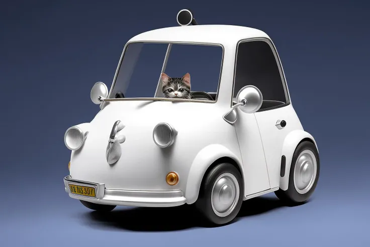 A kitten driving a cute little car on the road, white background, <lora:cute car:1>