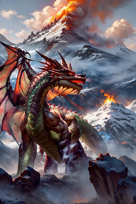 <lora:Andr3wMtg:1>,dragon on a mountain,fire in the background,masterpiece,best quality,high quality,well-lit,highly detailed,