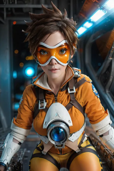 cinematic photo of <lora:Tracer1024:0.8>Tracer1024 with an orange glassmask posing on a space station, (8k uhd, masterpiece, best quality, high quality, absurdres, ultra-detailed), 1girl, ((detailed hands)), easynegative, FastNegativeV2, ca21mv6-235, realistic eyes, ObsidianGold, perfecteyes, beautiful eyes, full body view