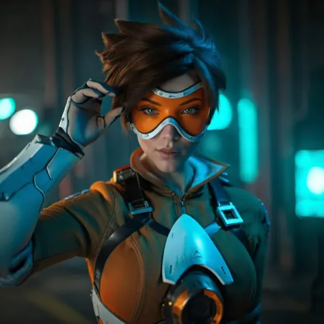 cinematic photo a woman with an orange glassmask in a futuristic cyberpunk background, neon lights <lora:Tracer1024:0.8> . 35mm photograph, film, bokeh, professional, 4k, highly detailed