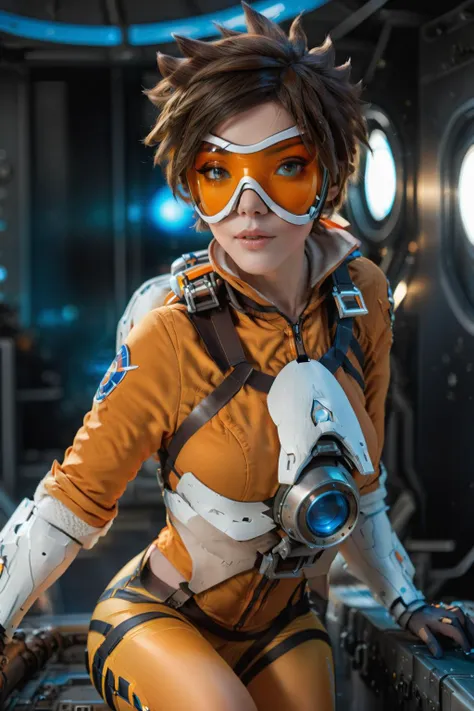 cinematic photo of <lora:Tracer1024:0.8>Tracer1024 with an orange glassmask posing on a space station, (8k uhd, masterpiece, best quality, high quality, absurdres, ultra-detailed), 1girl, ((detailed hands)), easynegative, FastNegativeV2, ca21mv6-235, realistic eyes, ObsidianGold, perfecteyes, beautiful eyes, full body view