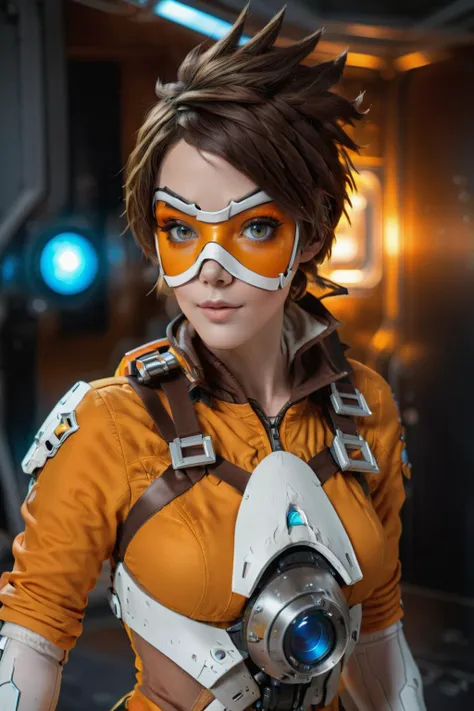 cinematic photo of <lora:Tracer1024:0.8>Tracer1024 with an orange glassmask posing on a space station, (8k uhd, masterpiece, best quality, high quality, absurdres, ultra-detailed), 1girl, ((detailed hands)), easynegative, FastNegativeV2, ca21mv6-235, realistic eyes, ObsidianGold, perfecteyes, beautiful eyes, full body view