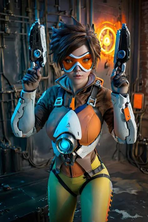 cinematic photo a woman with an orange glassmask holding guns in a futuristic cyberpunk background, neon lights, combat pose, <lora:Tracer1024:0.8>Tracer1024, (8k uhd, masterpiece, best quality, high quality, absurdres, ultra-detailed), ((detailed hands)), easynegative, FastNegativeV2, ca21mv6-235, realistic eyes, ObsidianGold, perfecteyes, beautiful eyes, full body view