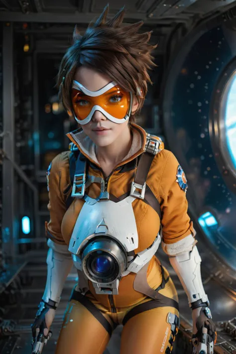 cinematic photo of <lora:Tracer1024:0.8>Tracer1024 with an orange glassmask posing on a space station, (8k uhd, masterpiece, best quality, high quality, absurdres, ultra-detailed), 1girl, ((detailed hands)), easynegative, FastNegativeV2, ca21mv6-235, realistic eyes, ObsidianGold, perfecteyes, beautiful eyes, full body view