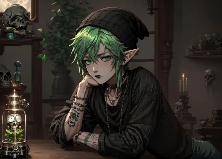 divineanimemix:1.5, (((1boy))), beautiful detailed face, beautiful detailed eyes,, medium hair, (two-tone hair), ((green hair)), (baggy torn shirt), (ripped jeans),  ((black striped beanie)), black converse, green eyes, tattoos, neck tattoo, spiked choker, spiked bracelets, , long elf ears,  [plants],  [potted plants],  ((potion bottles)),  [big window], ((full moon)), [indoors], ((goth)), ((clocks)), ((skulls)), ((dust)), ((lights)), (candles), (((night))),<lora:sleepy_v100:1> sleepy