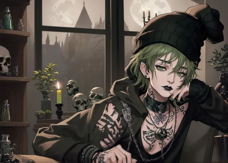 masterpiece, high quality, realistic, (((1boy))), beautiful detailed face, beautiful detailed eyes,((black lips)), medium hair, ((green hair)), (baggy torn shirt), (ripped jeans),  ((black striped beanie)), black converse, grey eyes, tattoos, neck tattoo, spiked choker, spiked bracelets, , long elf ears, [plants],  [potted plants], ((potion bottles)), [big window], ((full moon)), [Library], ((goth)), ((clocks)), ((skulls)), ((dust)), (candles), (((night))),  <lora:sleepy_v100:1> sleepy