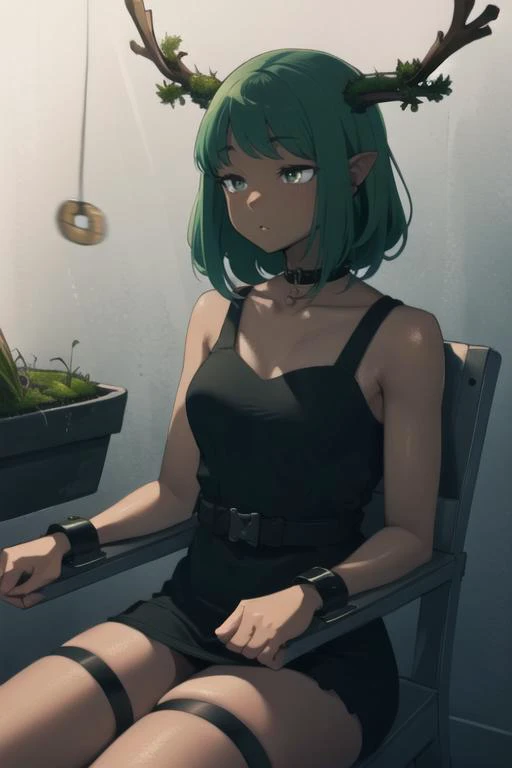 <lora:FizintineStyle:0.6>, fizstyle, <lora:sam_yang_offset_right_filesize:0.4> , sam yang, <lora:breastinclassBetter_v141:0.4>, <lora:breastsizeslideroffset:-0.3>, masterpiece, intense shadows, simple background, ambient light, illustration, thick outlines, highres, forest background, upper body portrait, 1girl, thighs, (green hair:1.4), tanned, (dark skin:1.2), (dark-skinned female:1.3), antlers, (moss:1.4), butterflies, green eyes, collarbone, flowers, deer ears, <lora:BondageChairV1:1>, bondage, bdsm, restrained, sitting, chair, handcuffs, restraints, tilt head, <lora:coin:1> , coin on a string, pendulum, mind control, empty eyes, <lora:sleepy_v100:1> , sleepy,