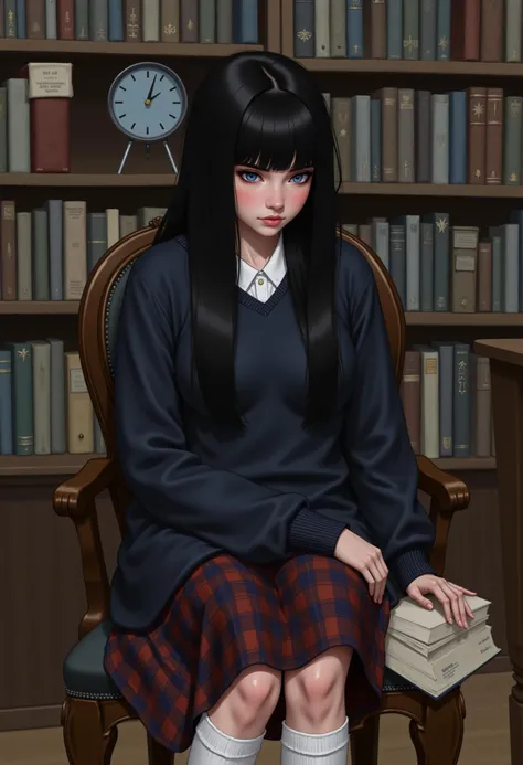 shy and introverted 18 year old girl sitting in the library studying, with dark blue eyes, mostly straight long black hair with bangs that often hangs in front of her eyes, hair typically unkept, skinny with a slightly curvy figure, medium height, small to medium sized breasts, no makeup, wearing a wrinkled navy sweater that is completely unbuttoned, white blouse, dark red and navy blue plaid skirt that's slightly too big, with a pair of scuffed black shoes and knee-high white socks, a look of concentration and a hint of determination and depression on her face, semi-realistic, art,