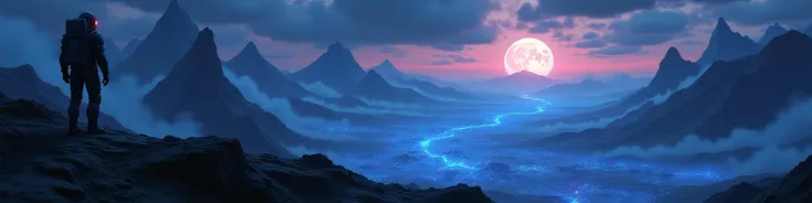 In the eerie night of an alien world, a tall lanky astronaut stands atop a rocky outcropping, surveying the otherworldly landscape before them. The horizon is painted in hues that are unusual for a horizon, showcasing this alien planet, with a full moon and a crescent moon, ethereal glow across the rugged terrain. Jagged mountains rise in the distance, their peaks shrouded in a ghostly mist that seems to dance and shimmer in the low light.
The astronaut's helmet reflects the strange beauty of this extraterrestrial realm, a world of mystery and wonder, untouched by human hands. Far below, a vast expanse of bioluminescent flora and fauna stretches out like a living tapestry, casting an otherworldly blue glow that pulses in time with the beating heart of the planet.
realism, chiaroscuro, cinematic quality, rays of light, play of shadow and light,