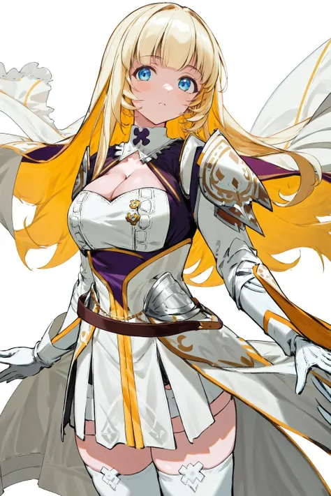 masterpiece, best quality, highres, 1girl, cleavage cutout black thighhighs white skirt white dress belt white gloves white sleeves sheathed shoulder armor <lora:maria_fianna_albert:1> looking at viewer, simple background