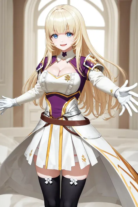 masterpiece, best quality, highres, 1girl, cleavage cutout black thighhighs white skirt white dress belt white gloves white sleeves sheathed shoulder armor <lora:maria_fianna_albert:1> outstretched arms, reaching out, smile