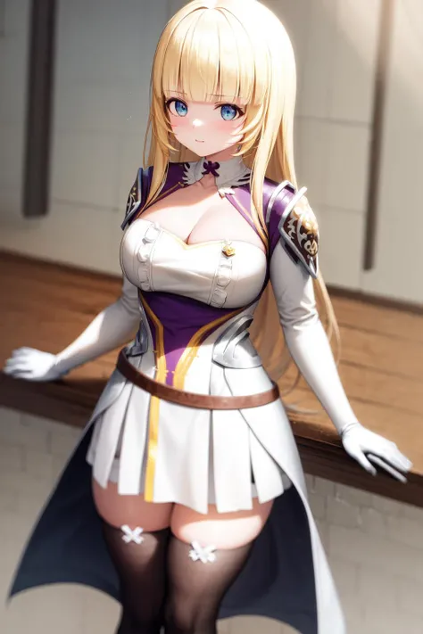masterpiece, best quality, highres, 1girl, cleavage cutout black thighhighs white skirt white dress belt white gloves white sleeves sheathed shoulder armor <lora:maria_fianna_albert:1>