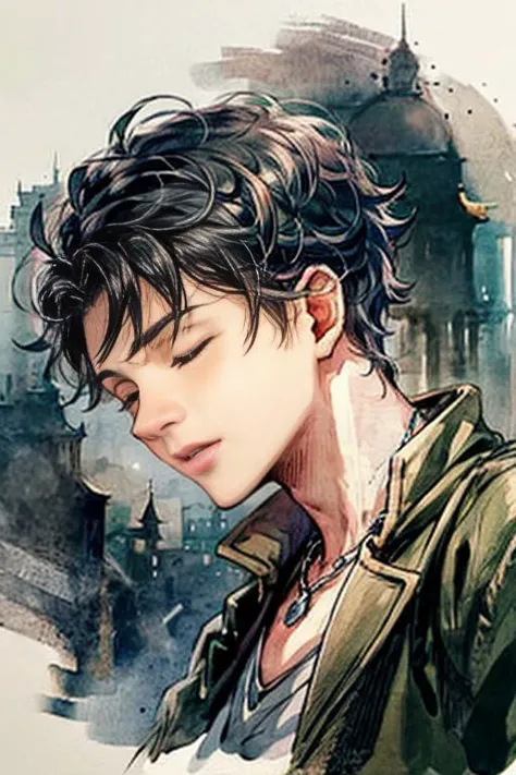 glowing line, 1boy, solo, closed eyes, vortex, hand down, dark blue background, magic, necklace, shirtless, brown short hair, glowing, half body, view from bottom, watercolor
<lora:add_detail:1>, <lora:try2:0.8>