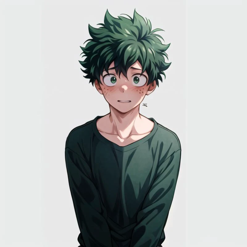 1boy, midoriya izuku, deku, male focus, green hair, green eyes, blush, looking at viewer, face, detailed skin, freckles, collarbone, slim, narrow waist, simple background, masterpiece, best quality,
<lora:deku-10:0.8>
<lora:add_detail:0.7>
<lora:AnimeMaleB-2.5D:0.5>