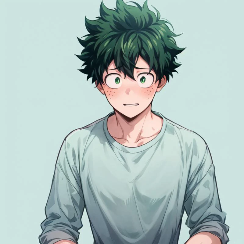 1boy, midoriya izuku, deku, male focus, green hair, green eyes, blush, looking at viewer, face, detailed skin, freckles, collarbone, slim, narrow waist, simple background, masterpiece, best quality,
<lora:deku-10:0.8>
<lora:add_detail:0.7>
<lora:AnimeMaleB-2.5D:0.5>