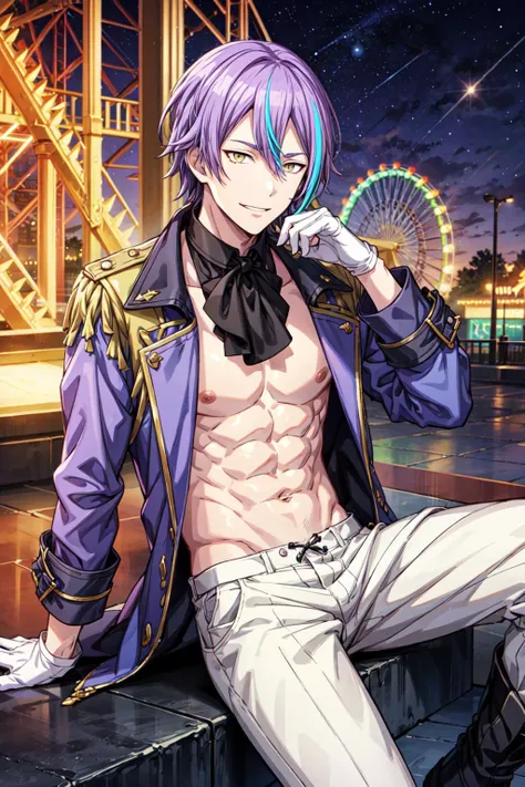 masterpiece, best quality, 1boy, solo, male focus, from front, (KamishiroRui:1.1), ruikun, official art, purple hair, aqua hair, streaked hair, yellow eyes, looking at viewer, evil smile, detailed face, sitting, detailed violet coat, white pants, muscular body, nude abs, detailed abs, lustrous skin, white gloves, black boots, starry sky, ferris wheel, musical stage, amusement park background, <lora:more_details:0.6> <lora:KamishiroRui:0.6>